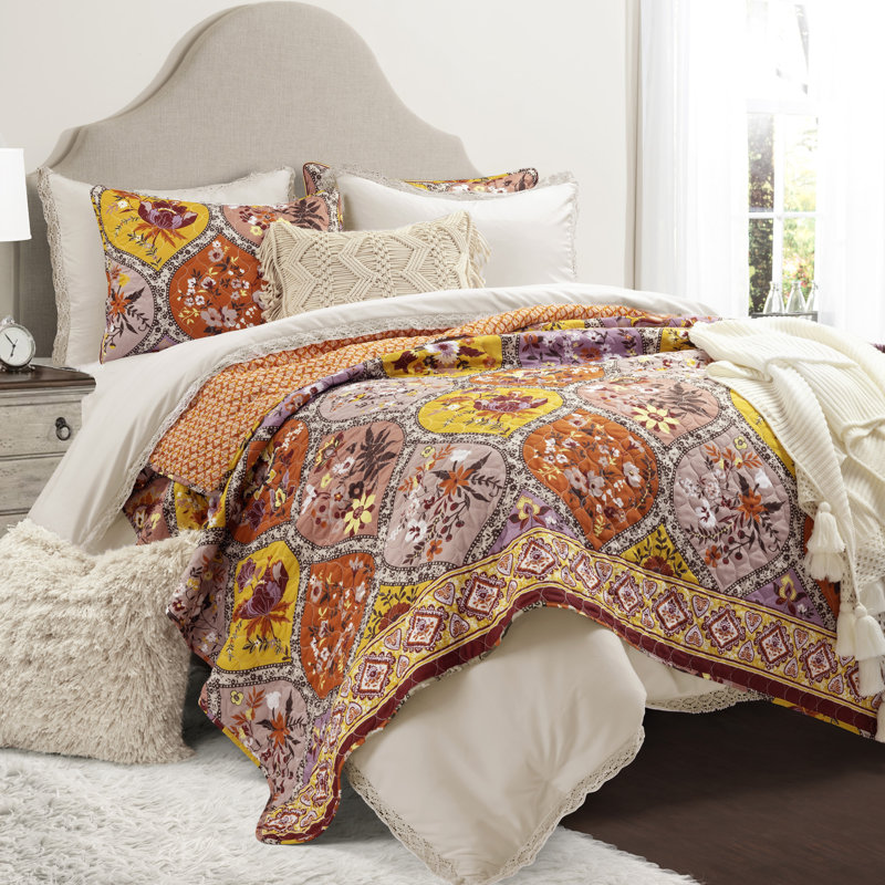 Bohemian Flower Reversible Cotton Full Quilt Set in Tangerine and Lilac