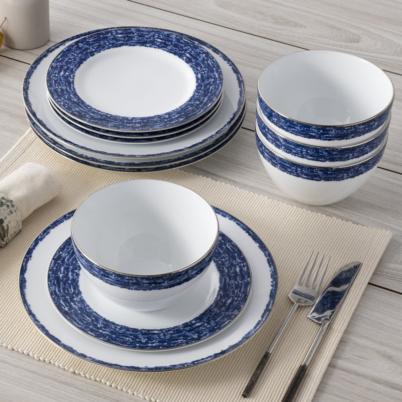 Blue and White Porcelain Salad Plates with Metallic Band, Set of 4