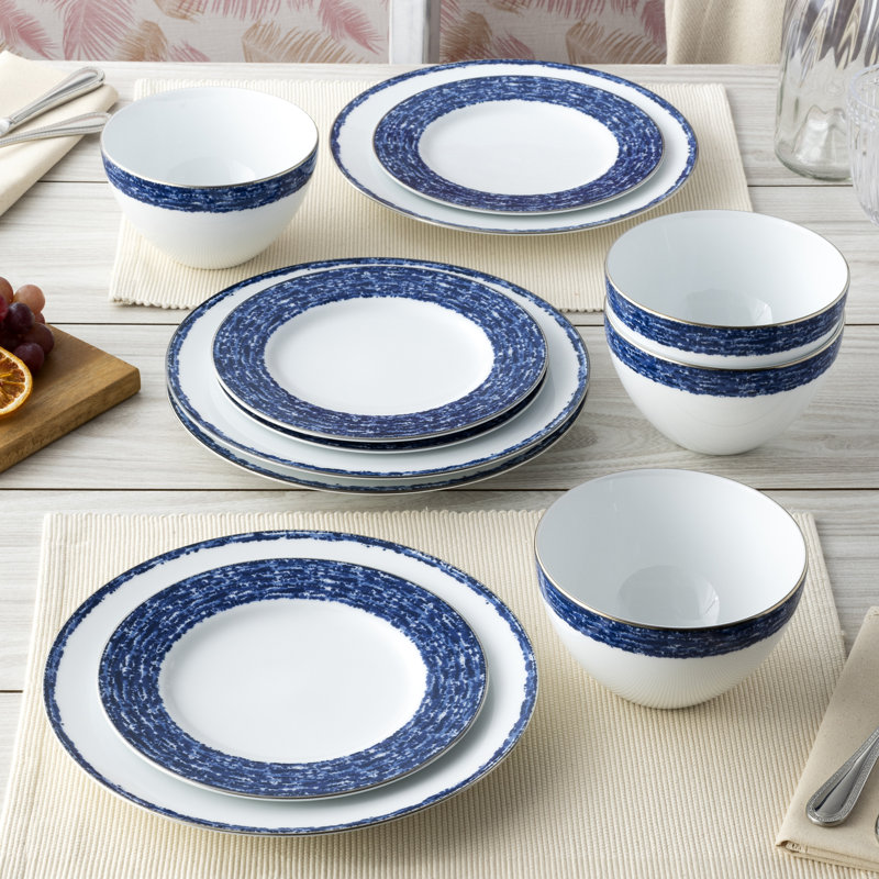 Blue and White Porcelain Salad Plates with Metallic Band, Set of 4