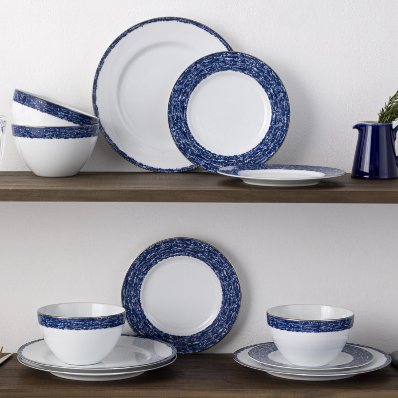 Blue and White Porcelain Salad Plates with Metallic Band, Set of 4