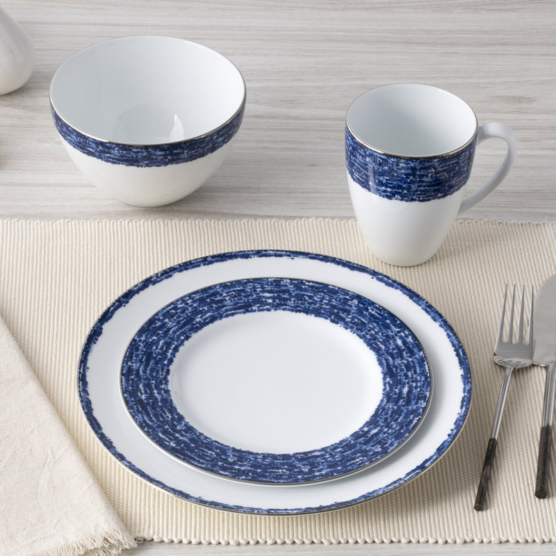 Blue and White Porcelain Salad Plates with Metallic Band, Set of 4