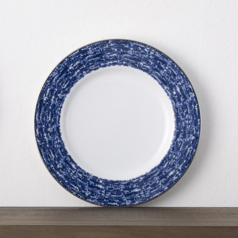 Blue and White Porcelain Salad Plates with Metallic Band, Set of 4