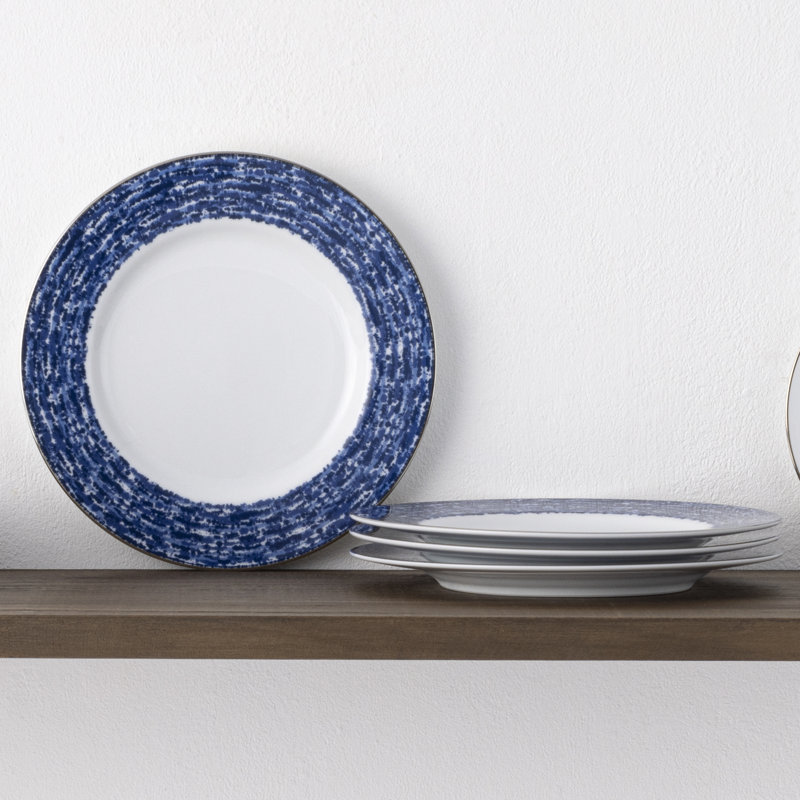 Blue and White Porcelain Salad Plates with Metallic Band, Set of 4