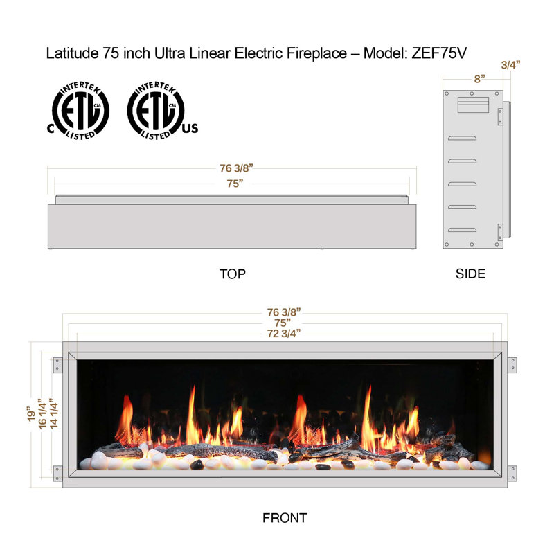 Latitude 75" Smart Electric Fireplace with Crackling Sounds, Black
