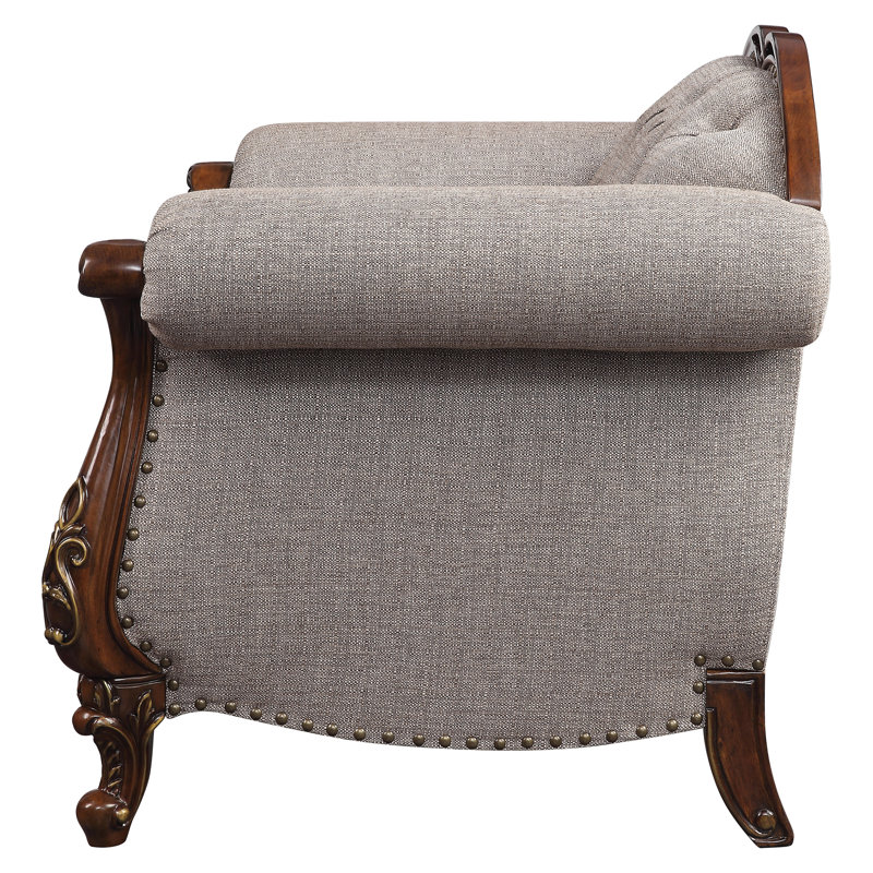 Cherry Finish 90'' Tufted Fabric Sofa with Nailhead Detail
