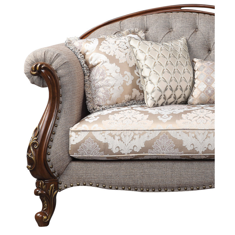 Cherry Finish 90'' Tufted Fabric Sofa with Nailhead Detail