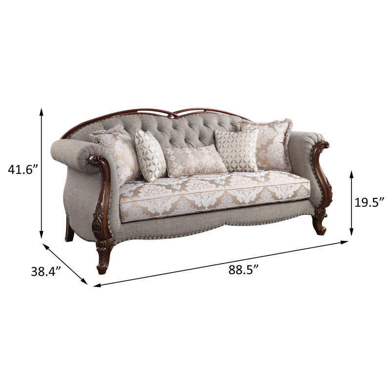 Cherry Finish 90'' Tufted Fabric Sofa with Nailhead Detail