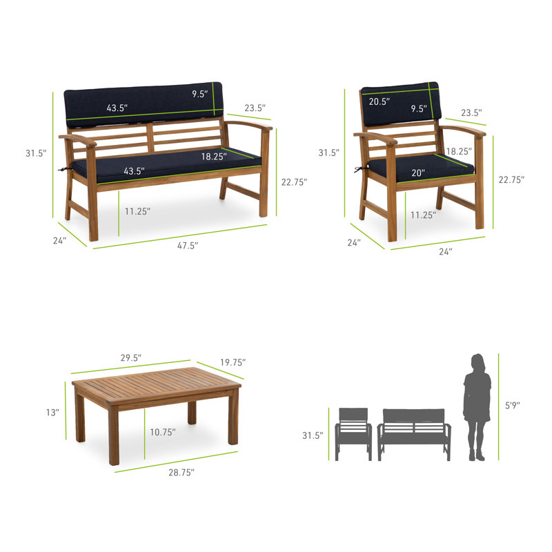 Greemotion 4-Piece Acacia Wood Outdoor Conversation Set with Blue Cushions
