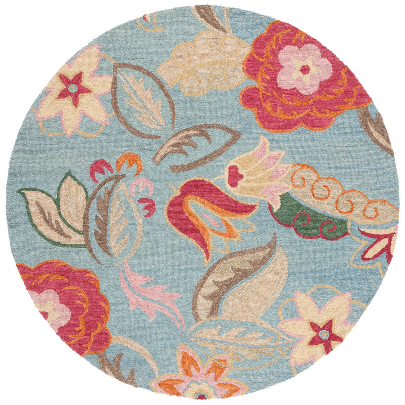 Handmade Blue Floral Tufted Wool Round Rug