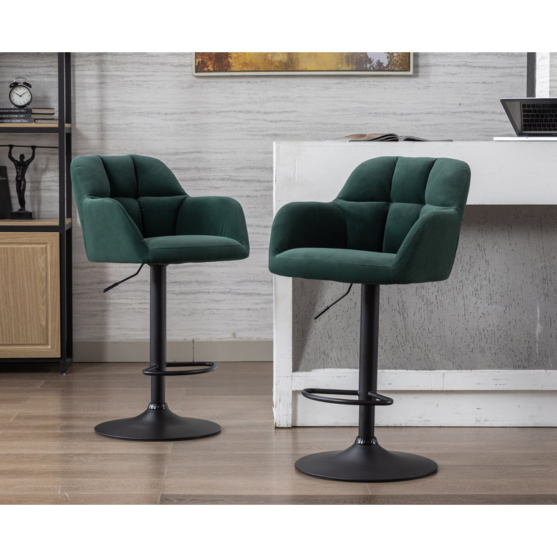 Green Velvet Adjustable Swivel Bar Stools with Metal Base, Set of 2
