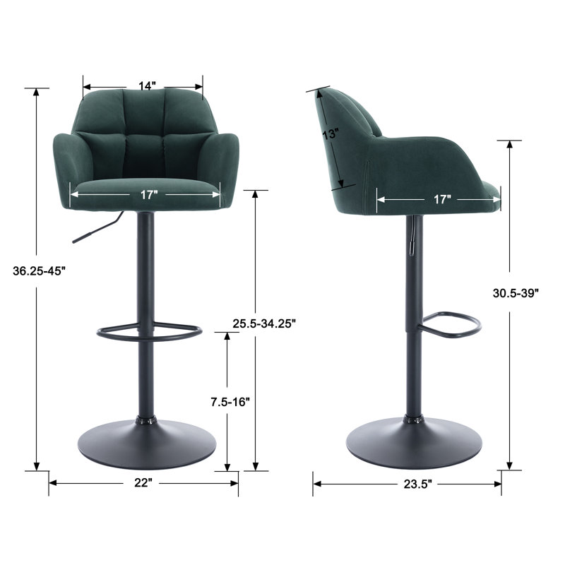 Green Velvet Adjustable Swivel Bar Stools with Metal Base, Set of 2