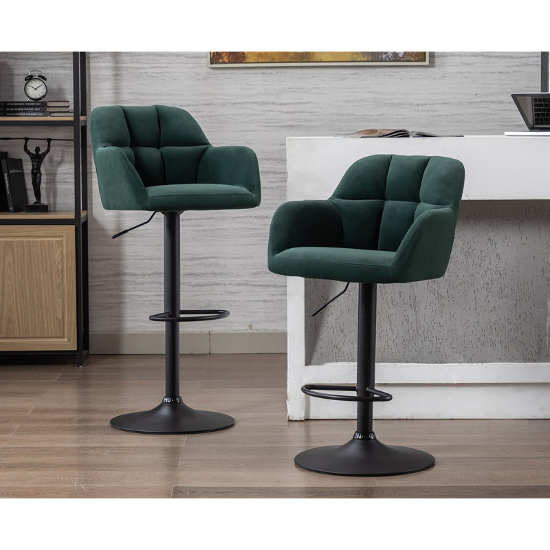 Green Velvet Adjustable Swivel Bar Stools with Metal Base, Set of 2
