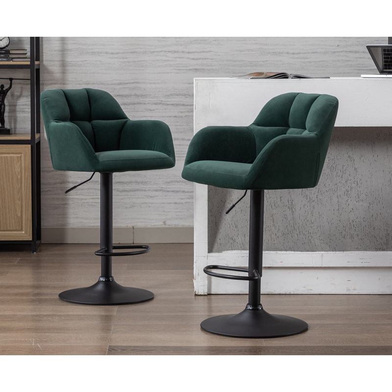 Green Velvet Adjustable Swivel Bar Stools with Metal Base, Set of 2