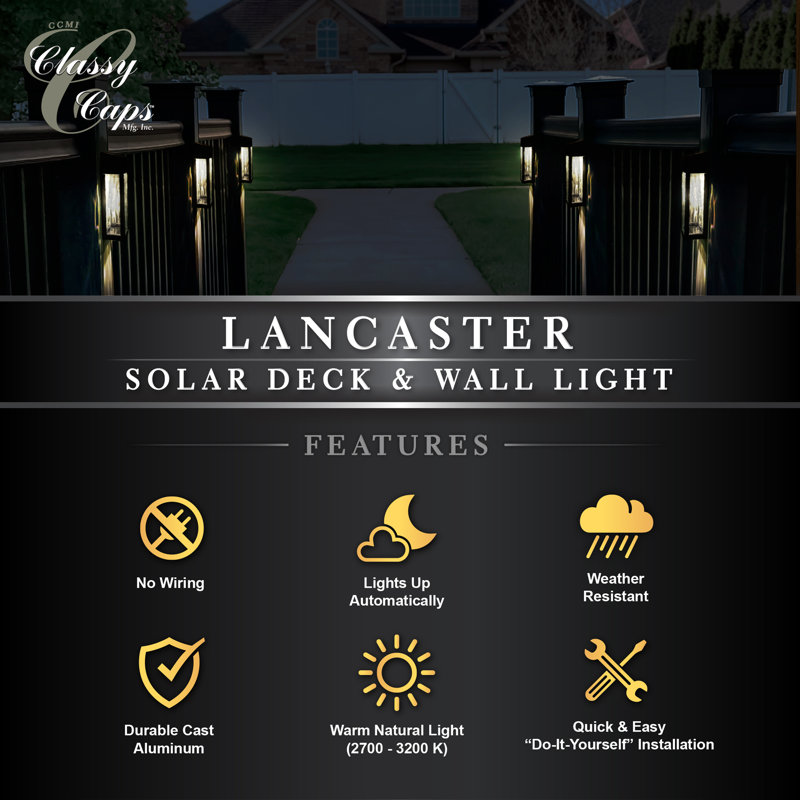 Black Aluminum Solar LED Deck and Wall Lights, Set of 2