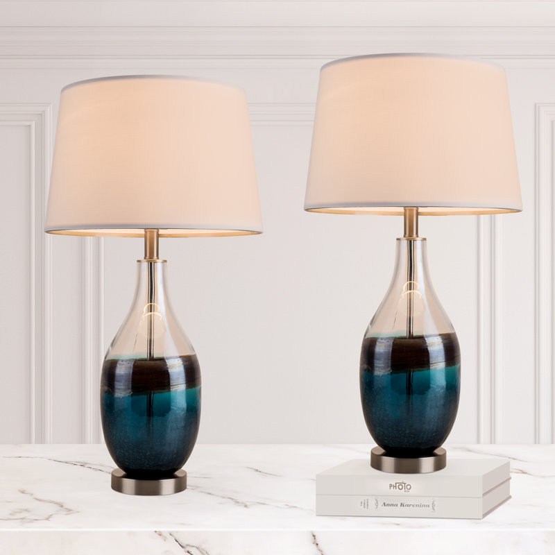 Set of 2 White Linen Shade Glass Bedside Lamps