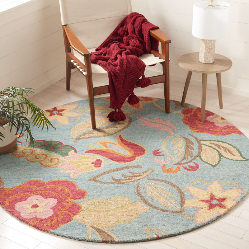 Handmade Blue Floral Tufted Wool Round Rug