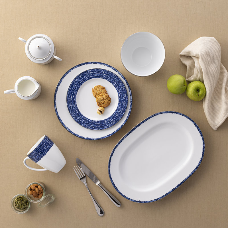 Blue and White Porcelain Salad Plates with Metallic Band, Set of 4