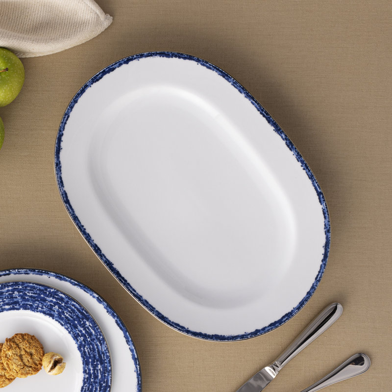 Blue and White Porcelain Salad Plates with Metallic Band, Set of 4
