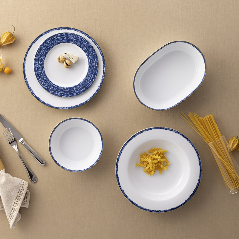 Blue and White Porcelain Salad Plates with Metallic Band, Set of 4
