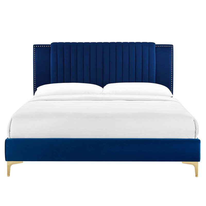 Blue Velvet Tufted Upholstered Full Platform Bed with Gold Legs