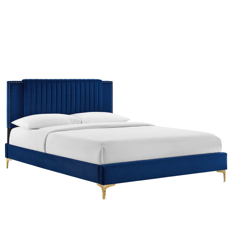 Blue Velvet Tufted Upholstered Full Platform Bed with Gold Legs