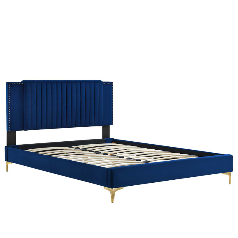 Blue Velvet Tufted Upholstered Full Platform Bed with Gold Legs