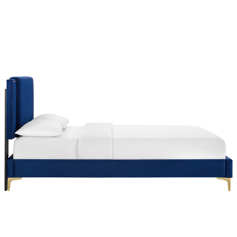 Blue Velvet Tufted Upholstered Full Platform Bed with Gold Legs