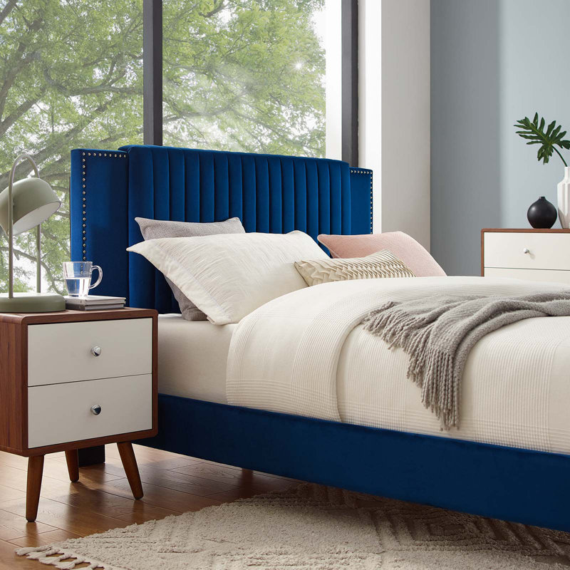 Blue Velvet Tufted Upholstered Full Platform Bed with Gold Legs