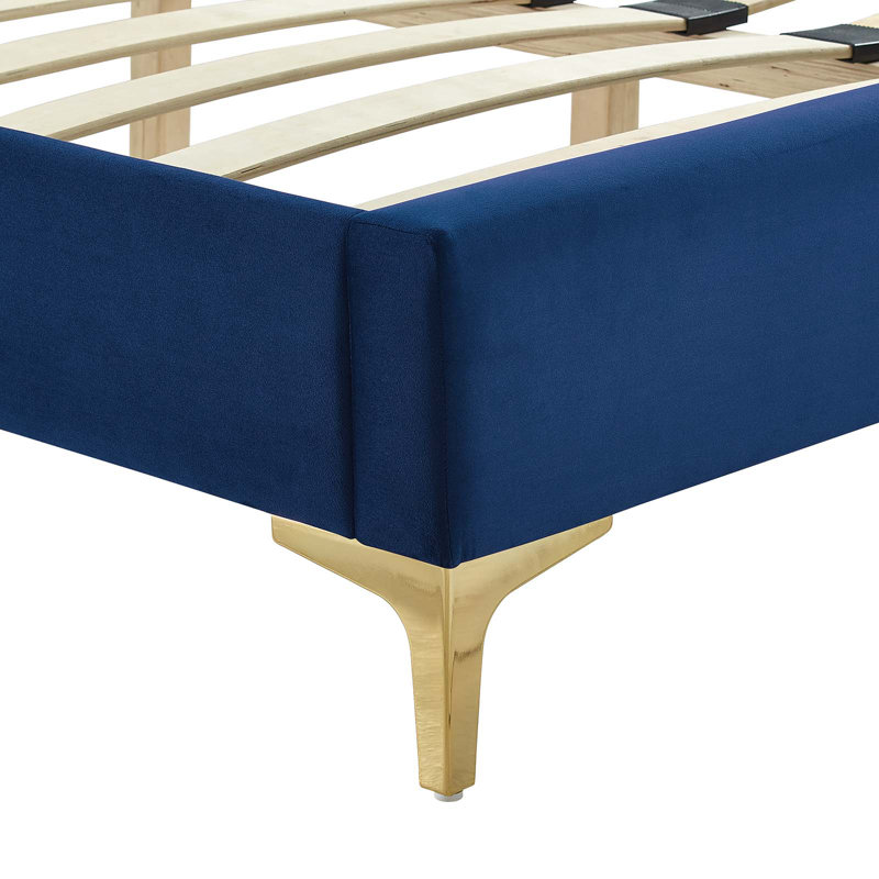 Blue Velvet Tufted Upholstered Full Platform Bed with Gold Legs