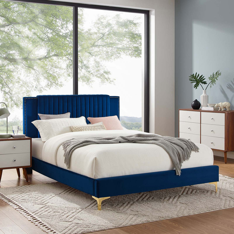 Blue Velvet Tufted Upholstered Full Platform Bed with Gold Legs