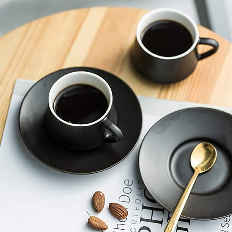 Black Ceramic Espresso Cups with Saucers and Gold Stand Set of 6