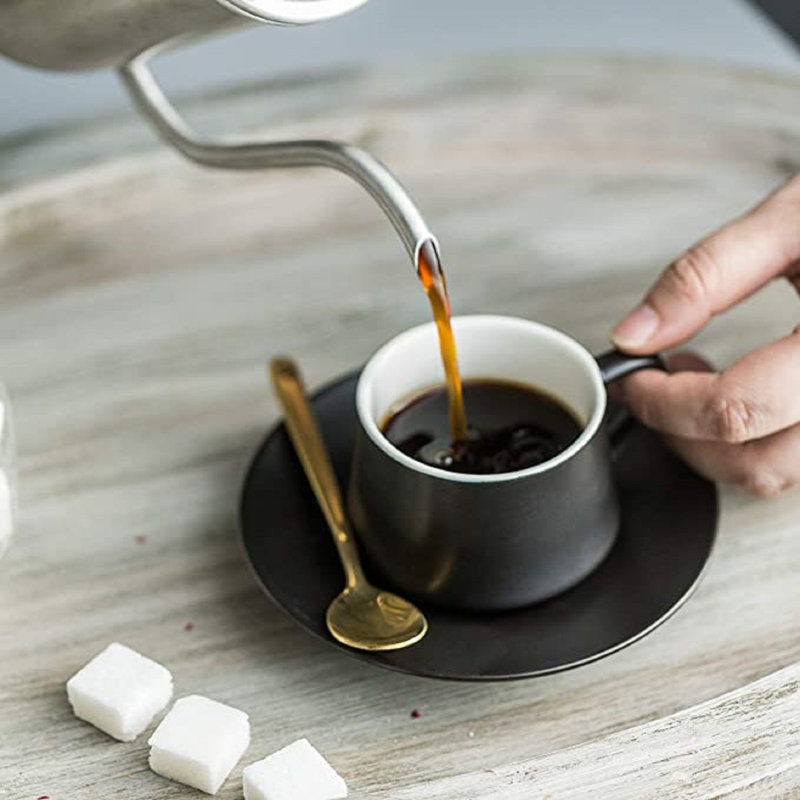 Black Ceramic Espresso Cups with Saucers and Gold Stand Set of 6