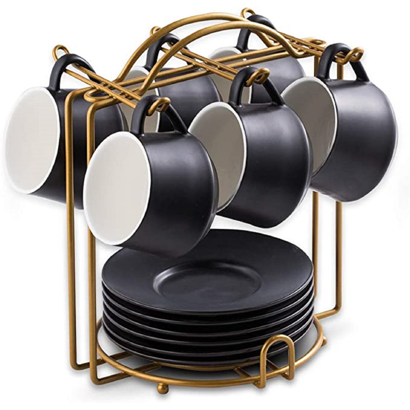 Black Ceramic Espresso Cups with Saucers and Gold Stand Set of 6