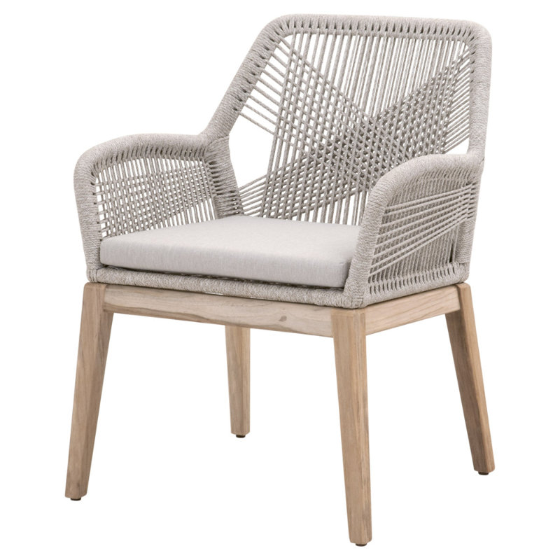 Transitional Gray and White Teak Outdoor Arm Chair with Cushions