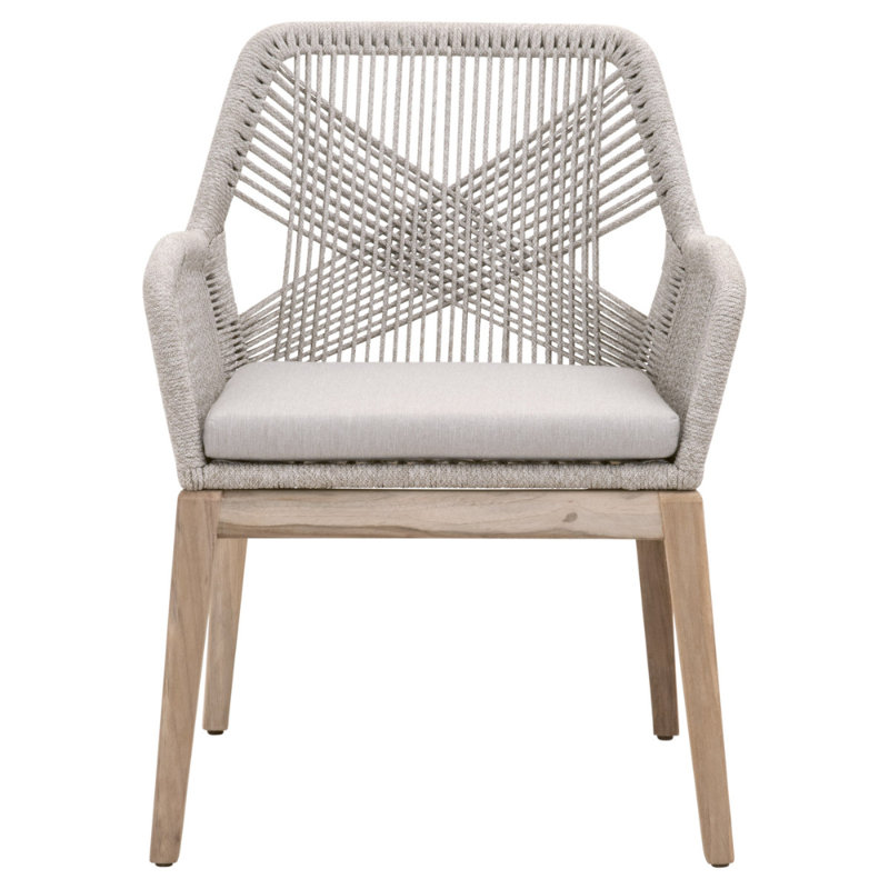 Transitional Gray and White Teak Outdoor Arm Chair with Cushions