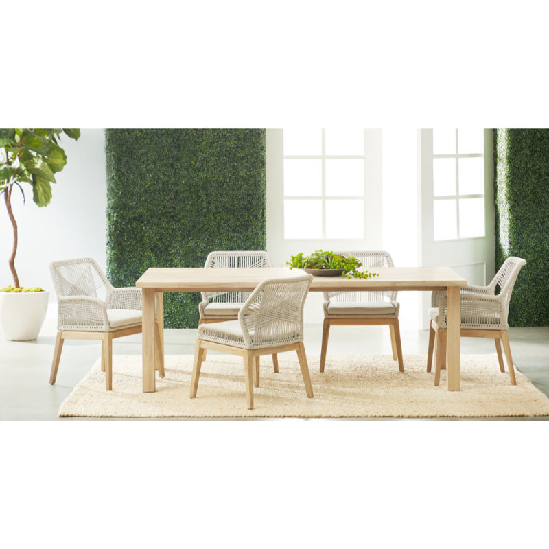 Transitional Gray and White Teak Outdoor Arm Chair with Cushions