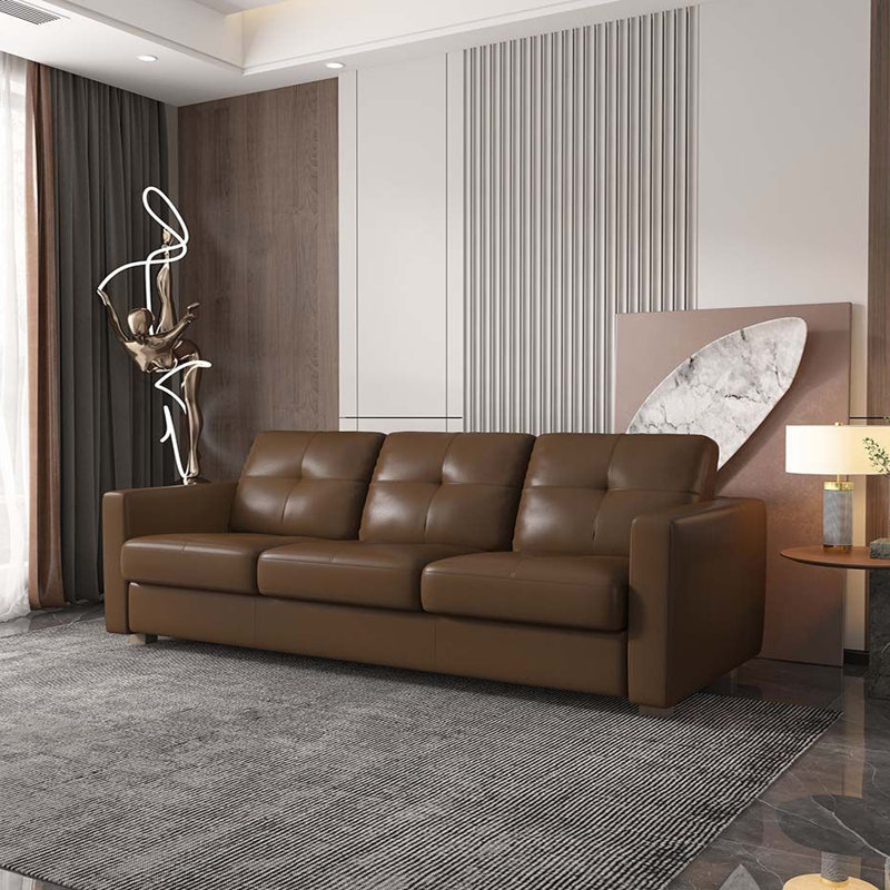 Brown Leather Queen Tufted Sleeper Sofa with Wood Frame