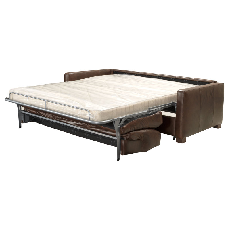 Brown Leather Queen Tufted Sleeper Sofa with Wood Frame