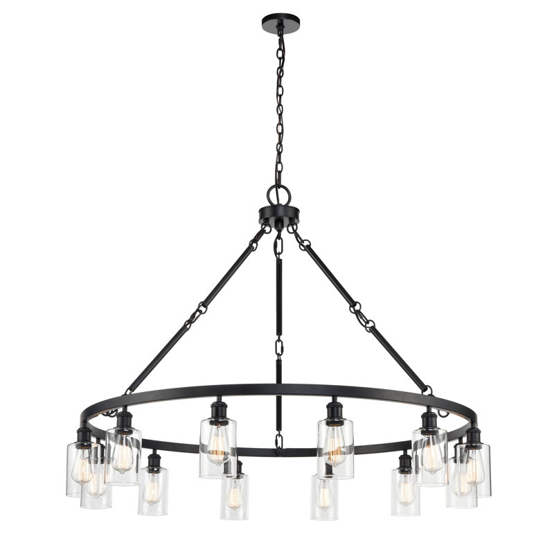 Matte Black 12-Light Industrial Chandelier with Glass Shades