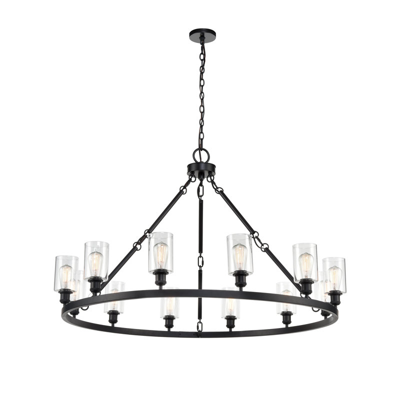 Matte Black 12-Light Industrial Chandelier with Glass Shades