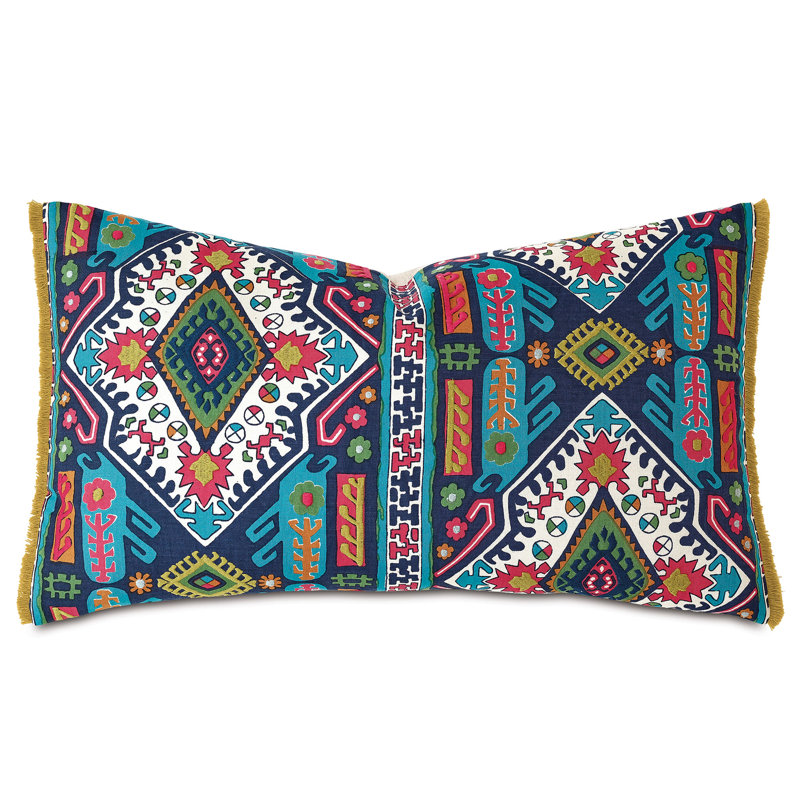 Colorful Embroidered Lumbar Pillow with Fringe Edge