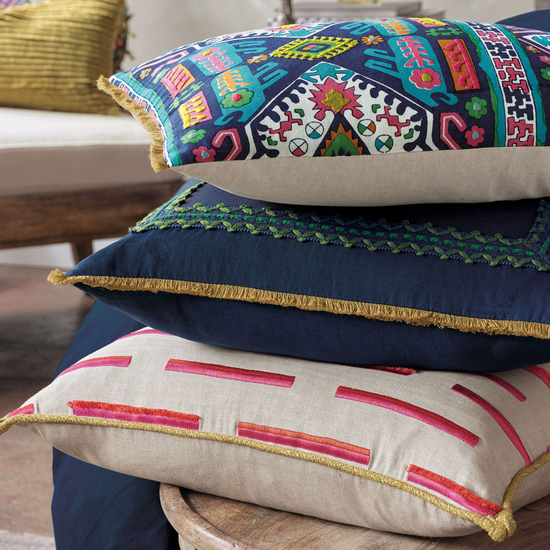 Colorful Embroidered Lumbar Pillow with Fringe Edge