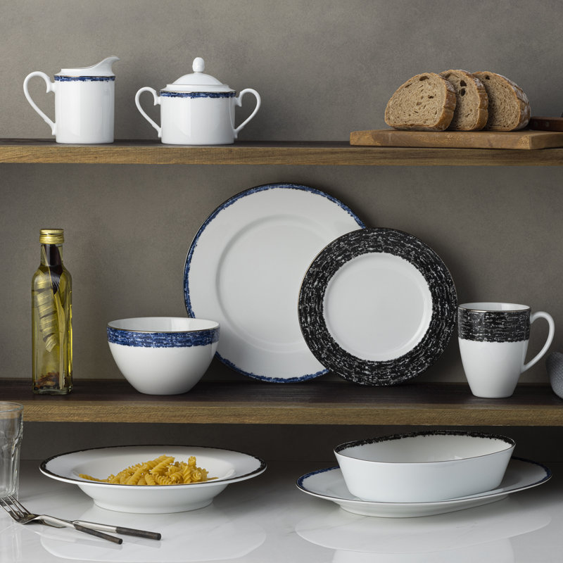 Blue and White Porcelain Salad Plates with Metallic Band, Set of 4