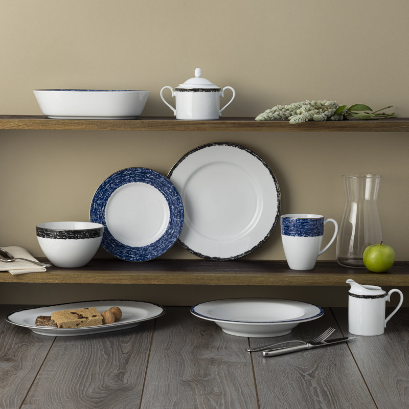 Blue and White Porcelain Salad Plates with Metallic Band, Set of 4