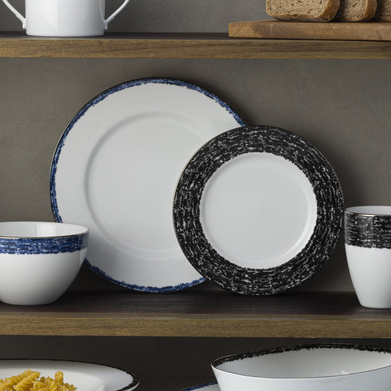 Blue and White Porcelain Salad Plates with Metallic Band, Set of 4