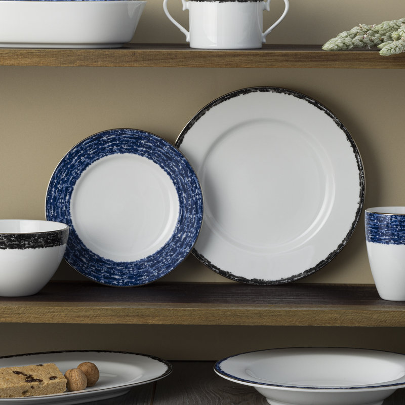Blue and White Porcelain Salad Plates with Metallic Band, Set of 4