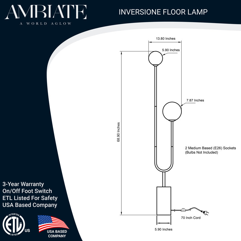 Modern U-Shaped Black Marble Base Floor Lamp with Frosted Glass
