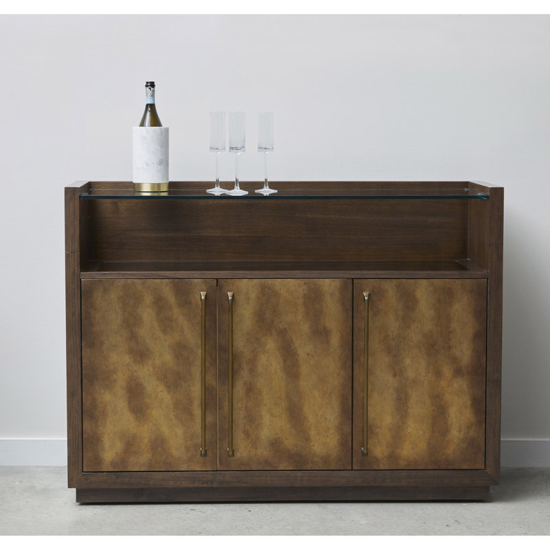 Brown Transitional 3 Door Bar Cabinet with Glass Shelves