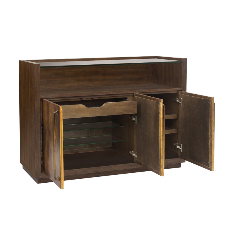 Brown Transitional 3 Door Bar Cabinet with Glass Shelves