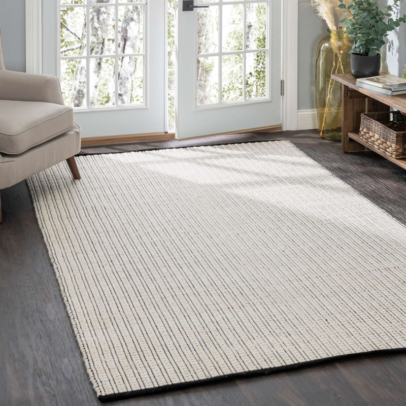 Ivory and Black Handwoven Wool and Synthetic Stripe Rug, 6' x 9'